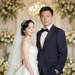 professional wedding potrait of a couple, the groom is wearing tuxedo, 35mm, f1.4 pentagonal bokeh