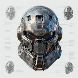 parts diagram of a cybernetic helmet with parts labeled, intricate and detailed assembly drawing of a cybernetic battle helmet 🤖🦾, photorealistic, symmetrical fine details, full color, jaw dropping details, fantasy concept art, hyper realistic illustration, 8 k, artstation -