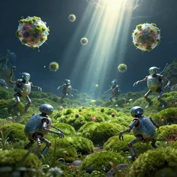 nanomachines gathered nitrogen from the air and herded it together into floating spores ; inside the spores, other machines rearranged the materials into simple nutrients to keep the moss green and healthy during the night by dan mumford, anton fedeev, william higginson, ross tran, cosmic, heavenly, god rays, intricate detail, cinematic, cel shaded, unreal engine, featured on artstation, pixiv