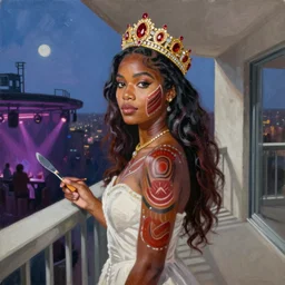 palette knife oil painting portrait of teyana taylor, a princess - with gold tiara with rubies and diamonds, woman in white dress and australian aboriginal body paint, concrete balcony, nightclub, artstation trending, artgerm, any racial background, deviant art, hipster, octane, substance, art history 8 k