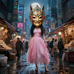 hyper realistic Princess Mononoke, ornate mask magic, wet market street, cyberpunk metropolis, city landscape, jewels, full body pose, full moon, crowded streets, style of tom bagshaw, mucha, james gurney, norman rockwell, denoised, sharp