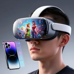 highly detailed Apple iGlass Virtual Reality Headset, computer glasses on face of human, paired with iphone, holograms, concept art, character art, studio lightning, bright colors, intricate, masterpiece, photorealistic, hyperrealistic, sharp focus, high contrast, Artstation HQ, DeviantArt trending, 8k UHD, Unreal Engine 5