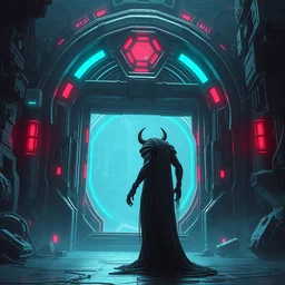 creepy figure with horns next to cyberpunk portal gate. grand. sci - fi scene by pedro correa and william gibson r / characterart