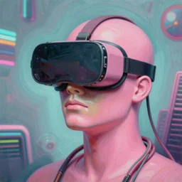 David Friedrich, award winning masterpiece with incredible details, a surreal vaporwave vaporwave vaporwave vaporwave vaporwave painting by Thomas Cole of an old pink mannequin head wearing VR goggles with cables and wires coming out of it's neck, highly detailed