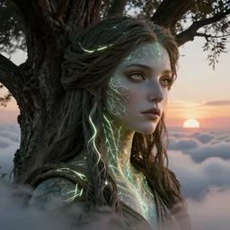 biblical shy beautiful female druid android growing on a tree, heavy eyes to the side, closeup, bright glowing veins, in clouds, sunset, portrait, by greg hildebrandt, by gerald brom, by mikhail vrubel, by peter elson, muted colors, extreme detail, reflections, trending on artstation, 8 k