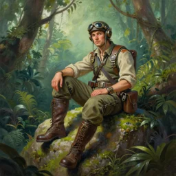a painting of a pilot sitting in a rock on a jungle!, an ultrafine detailed painting by mandy jurgens, featured on deviantart, fantasy art, 2 d game art, ilya kuvshinov, steampunk