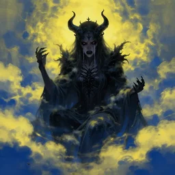 crying!!!! king of darkness!!, covered in yellow and blue clouds, evil, scary, demonic, by kim keever