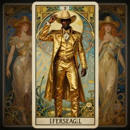 a dramatic ethereal epic symmetrical painting of a handsome! black cowboy in a golden outfit | tarot card, art deco, art nouveau,  (steampunk), homoerotic, realistic | by Dresden Codak, by Mark Maggiori and ((((Alphonse Mucha))) | trending on artstation