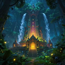 a giant forest temple at night, lush forest, waterfalls, fireflies, ornate architecture, vibrant colors, atmosphere, spectacular details, dramatic lighting, epic composition, wide angle, low angle, close up, breath of the wild, 3 d render