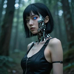 sensual cyberpunk girl with mechanical eye in a forest