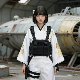 pretty young girl with white and black ancestral ornate japanese tactical gear on an abandoned spaceship, long shot, rule of thirds, golden ratio, graphic novel by fiona staples and dustin nguyen, art by beaststars and orange, peter elson, alan bean, studio ghibli, makoto shinkai