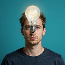 a portrait of a man who has a light bulb instead of a head, photorealistic, detailed, in the background a cyan wall , octane render, hyper realistic