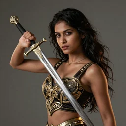 south asian girl with a sword, highly detailed, photo realistic, intricate, elegant, concept art, artstation, artgerm, cinematic lighting, rim light