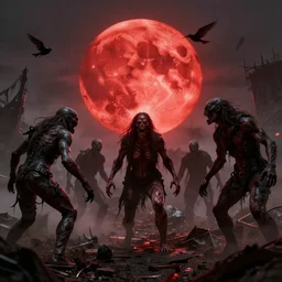 the aftermath of a nightmare battle of horror creatures, crimson sun stains H 576