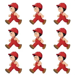 Animation walk cycle. sprite character. Male with a red hat and red overalls. 6 frames of animation