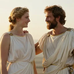 athena talking with odysseus, laughing and nodding, photorealistic, prizewinning photo, ultradetailed, golden hour lighting
