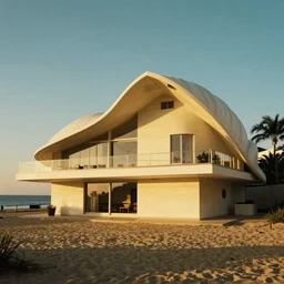architecture ad for a mid-century modern house by the beach, designed by Zaha Hadid. Shell. Film grain, cinematic, colorized, yellow hue