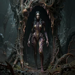 single diseased female hiding in the shadows on an alien world, artstyle greg rutkowski, horror concept art, model pose, full frame, very intricate details, high resolution, 8 k, award winning