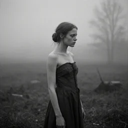 award winning photo of some nostalgia as robert eggers would depict it, she is 2 3, skinny and beautiful and listens to oathbreaker, she is deaf but lives out of time, black and white, the background is pure entropy, insanely detailed, foggy like in norwegian black metal aesthetic