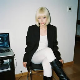 Platinum-blonde-haired hime-cut blue-eyed 23-year-old French empress wearing white leggings, black jacket, boots, sitting in public housing apartment, futuristic gadgets, plain room, 8mm photo