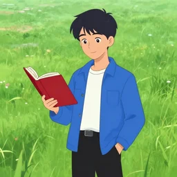 animation key shot of seokjin holding a red book in grasslands wearing blue jacket, white shirt, black pants, studio animation, sharp render, pixar