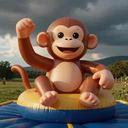 macauley culkin laughing in an inflatable monkey bounce house.