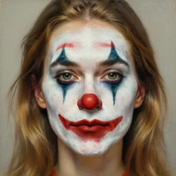 photorealistic painting of a female tattooed clown face with a red nose, realistic eyes, symmetric face, beautiful bone structure, dark blonde long hair, painting by gaston bussiere