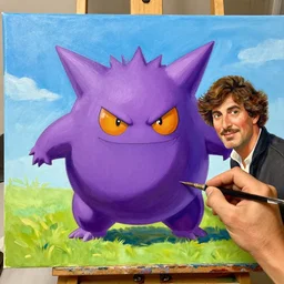 bob ross painting a picture of gengar from pokemon in the style of bob ross