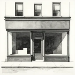 new york shops by dan mumford and peter doig and edward hopper, symmetrical, minimal, black ink, thick lines highly detailed, muted colours 8 k