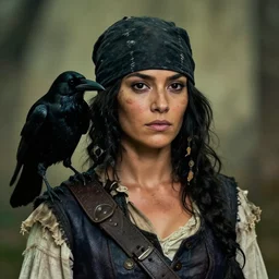 a portrait photo of a pirate woman, an 18th century hispanic with olive skin black eyes and short black hair, well defined jawline, young adult, dirty and ragged, wearing a black bandana, with a crow on her shoulder, HD photography, cinematic lighting, movie shot, no makeup