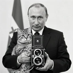 photo of vladimir putin holding a cat, by diane arbus, black and white, high contrast, rolleiflex, 5 5 mm f / 4 lens