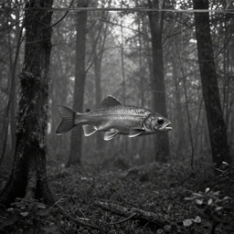 a gloomy fish swimming through trees in a black and white forest