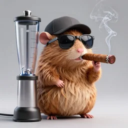 chubby anthropomorphic rat smoking an enormous cigar, wearing sunglasses and a cap, long fur,  anthropomorphic, blender, 3d render, 4k