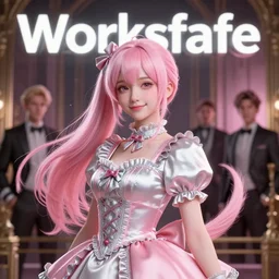 worksafe. insanely detailed. by wlop, ilya kuvshinov, krenz cushart, greg rutkowski, pixiv. zbrush sculpt, octane, maya, houdini, vfx. pink and silver, gorgeous young cg gentle girlish feminine sissy boy with long hair, ponytail hairstyle, wearing hairbow, frills, silk dress, friendly smiling, in luxury advertisement. cinematic dramatic atmosphere, sharp focus, volumetric lighting