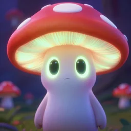 glowing mushroom character with big oval shaped eyes. sharp focus. highly detailed. cute. vibrant colors. volumetric lighting. pixar.