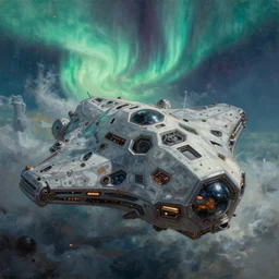 demonic spaceship , illustration, chaotic, invasion, Phobos, nano hex armor hull, alien starship, aurora borealis on background, disillusion, volumetric lighting, soft lighting, soft details, painting oil on canvas by craig mullins and ryan church, octane render, HDR, trending on artstation, 4k, 8k, HD