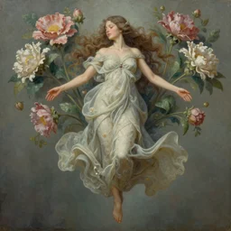 hyperdetailed murky oil painting portrait of a garden flower goddess floating. by greg rutkowski, highly detailed, digital painting, artstation, smooth, sharp focus illustration, artstation hq. intricate, elegant. art by wlop and artgerm and greg rutkowski, alphonse mucha. dan mumford, tomokazu matsuyama, takato yamamoto