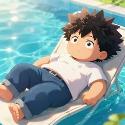 closeup portrait of froppy from my hero academia relaxing in jeans and a t - shirt on a floating pool chair, sunny, bright, reflections, intricate, sharp focus, lens flare, bloom, illustration, highly detailed, digital painting, concept art, matte, art by ruan jia and wlop and greg rutkowski, masterpiece
