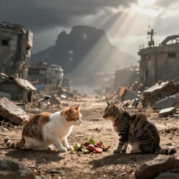cats in a post apocalyptic landscape looking for food