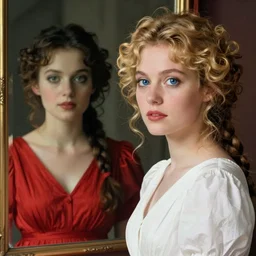 one woman wears a white dress, she has blonde curly hair and big blue eyes, she looks in the mirror and sees a woman in a red dress with braided dark hair and grey eyes, Balthus