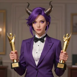beautiful tall secretary with purple hair, a horn on her head, a purple tuxedo, purple eyes, award winning photography, cinematic, digital painting, cinematic, wlop, 8 k, by ross tran, tom bagshaw