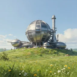 a beautiful science fiction factory with a single spherical design by starwars and army, on a a single hill in the french countryside, spring season, beautiful grass and flowers, highly detailed painting by studio ghibli and louis remy mignot, leyendecker, craig mullins, nice afternoon lighting, fine and smooth tiny details, soft and clear shadows, low contrast, perfect
