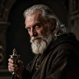 portrait of an old, melancholic medieval alchemist in the dark, he is turned to the left, and looking into the camera maliciously, maliciously. chiaroscuro lighting, fantasy, detailed, photorealistic portrait by michael komarck, greg rutkowski, victo ngai, artgerm and j. dickenson