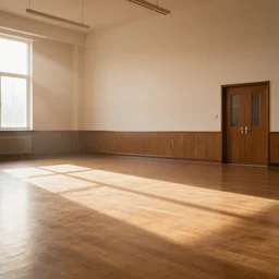 an empty school hall, brown wooden floor, brown doors, warm sunlight from the windows, dust particles in the air, volumetric lighting