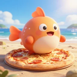 beautiful digital fantasy illustration of a pizza blobfish on the beach, hyper realistic render, ultra detailed, octane, 3 d, light shining through, by petros afshar and chiho aoshima, smooth, sharp focus, illustration