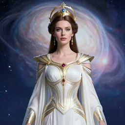 portrait of the powerful empress of the solar system in the style of anna dittmann and in the style of james jean. glowing, ornate and intricate linework, stunning, dynamic lighting, ultrafine and hyperdetailed.