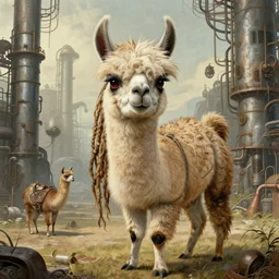 llama with dreadlocks, 0 0 2 industrial scifi, detailed, by ernst haeckel, james jean, mandy jurgens, alphonse mucha