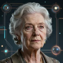 retrofuturistic portrait of a old woman, space graphics art in background, close up, wlop, dan mumford, artgerm, liam brazier, peter mohrbacher, 8 k, raw, featured in artstation, octane render, cinematic, elegant, intricate, 8 k