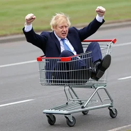 boris johnson excitedly riding downhill in a shopping cart down a very steep inclined street xf iq 4, f / 1. 4, iso 2 0 0, 1 / 1 6 0 s, 8 k, raw, unedited, symmetrical balance, in - frame