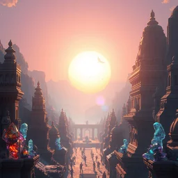 ancient indian metropolis, highly detailed crystal and gemstone relics, bright sun magic hour, digital painting, solid cube of light, hard edges, artstation, sharp focus, illustration, 8 k highly detailed